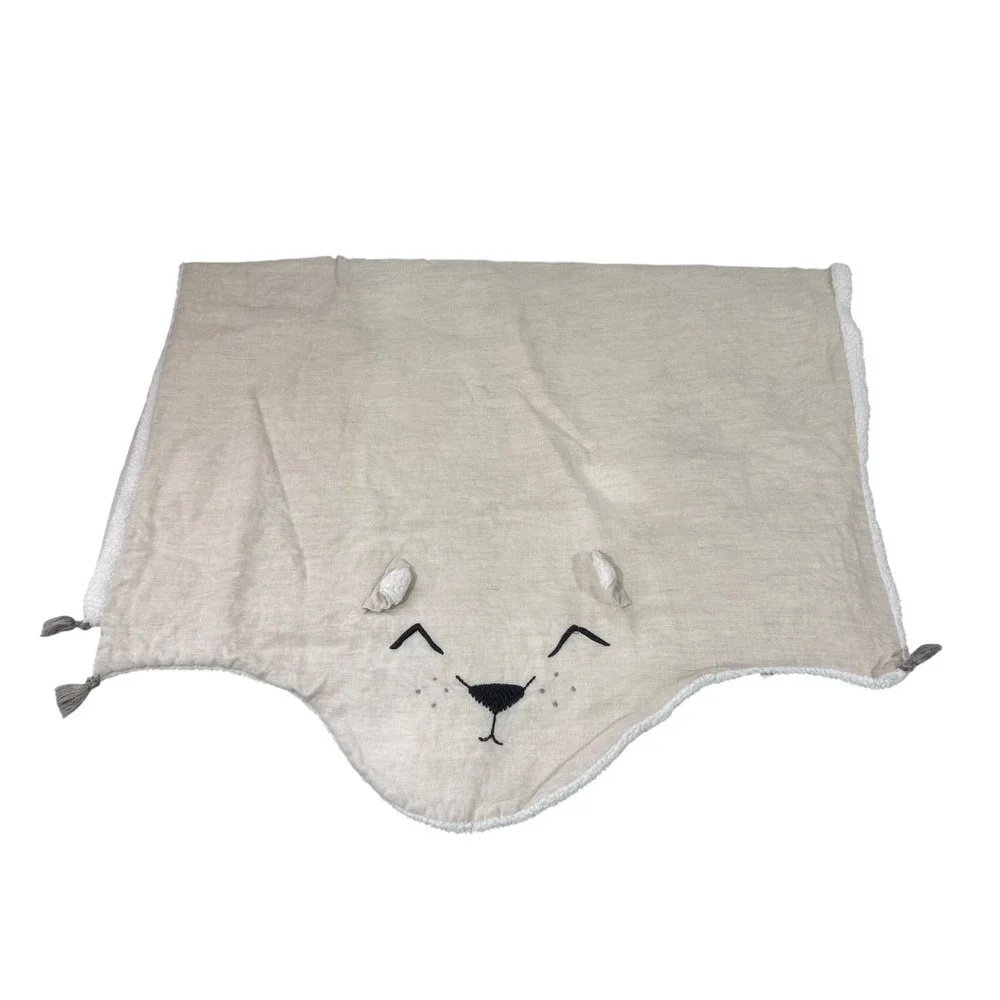 Pottery Barn Kids Gray Bear Blanket White Sherpa Face 3D Ears Linen Lovey